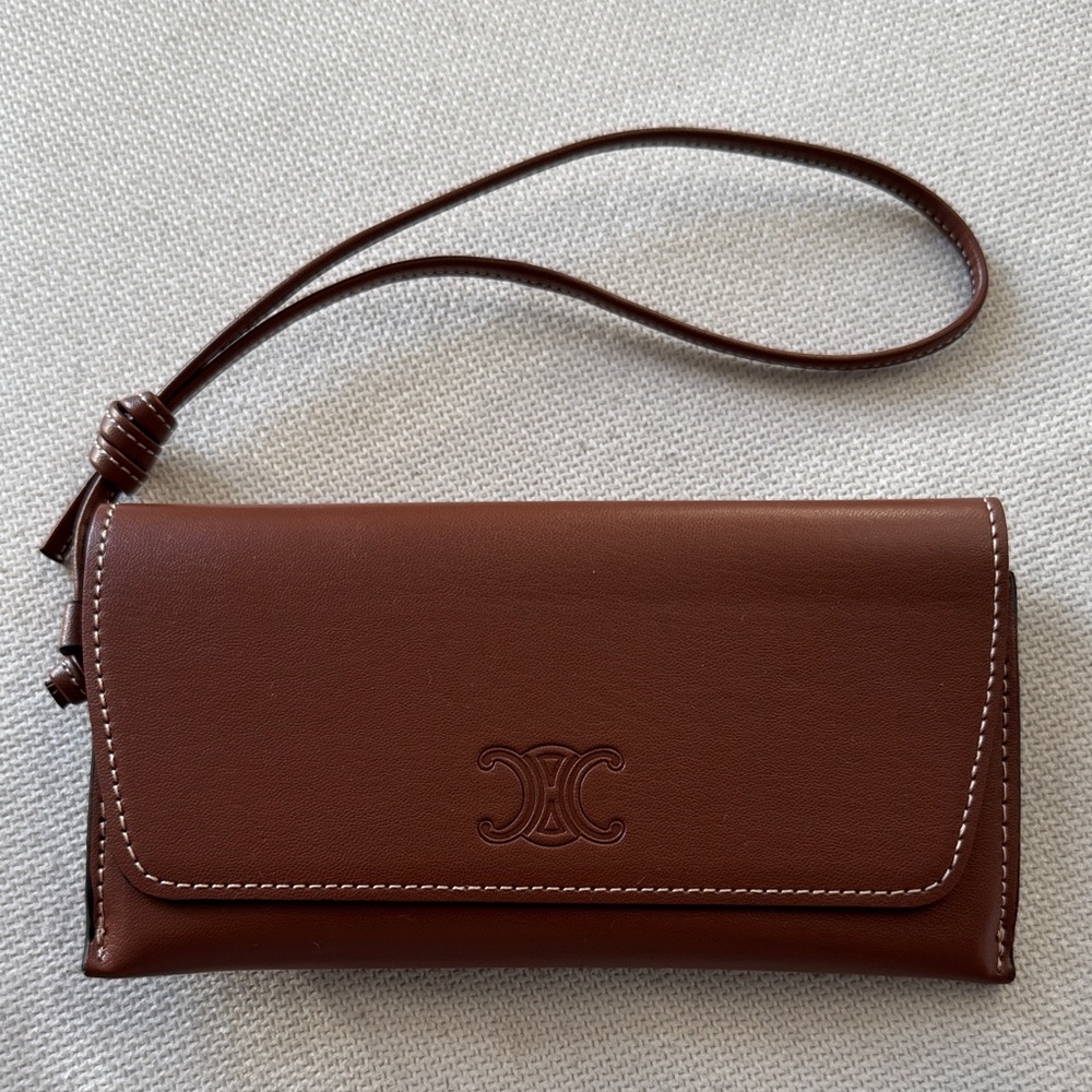 CELINE Brown Leather Wristlet Clutch